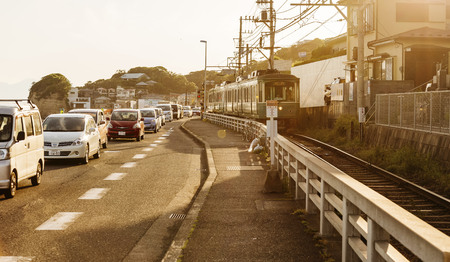 Landscape view of a railway in Enoden, Japanのeditorial素材