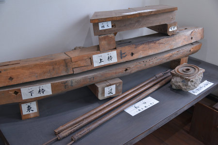Traditional tools displaying on the tableのeditorial素材