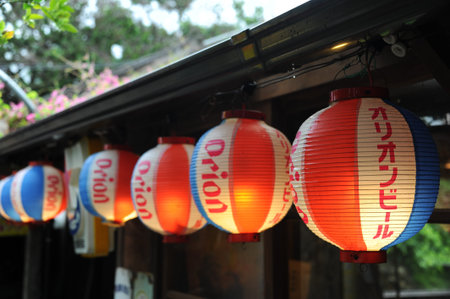 Close up view of hanging lanterns on the eavesのeditorial素材