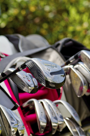 Close up view of golf clubs in a bagのeditorial素材