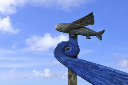 The fish sign against the sky in Lanyu islandの写真素材