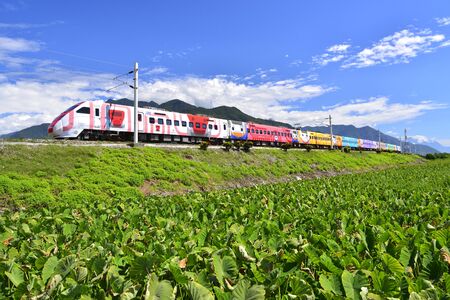 Train across the farm against the skyのeditorial素材