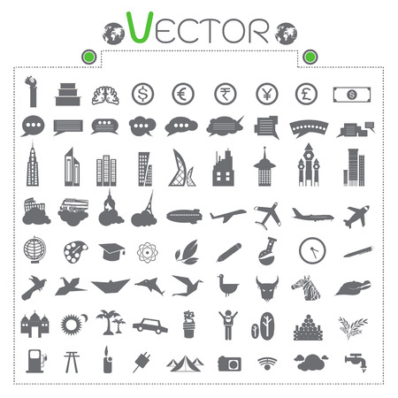 icons Currency brain bill hand say, building Landmarks plane zoo trees vectorのイラスト素材