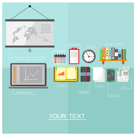 vector office equipment Successful teamwork office equipment on blue backgroundのイラスト素材