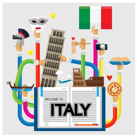 vector arm and hand welcome to Italy love heart shape with Travel iconsのイラスト素材