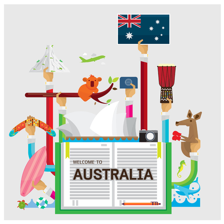 vector Australia Bear Cola boomerang server board flat illustration icon arm and hand Modernのイラスト素材