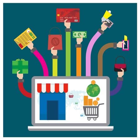 vector Buy online credit card shopping bag lipstick Each gift box business network of the global hand and armのイラスト素材