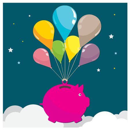 vector Higher business Cute cartoon vector pig flying on balloon Metaphors cloudsのイラスト素材