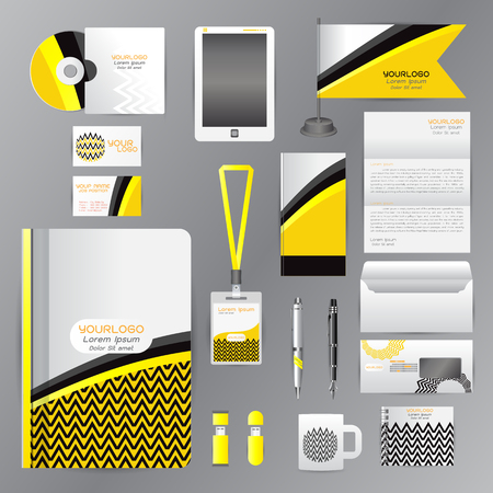 White corporate identity template with Yellow origami elements. Vector company style for brandbook guideline and Pens mugs CDs books business cards letterhead flag Card Portfolio employees Tablet flash driveのイラスト素材
