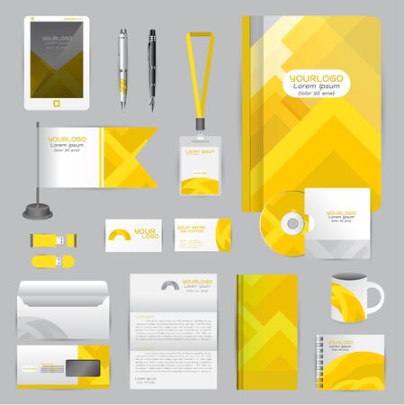 White identity template with Yellow origami elements. company style for brandbook guideline and Pens mugs CDs books business cards letterhead flag Card Portfolio employees Tabletのイラスト素材
