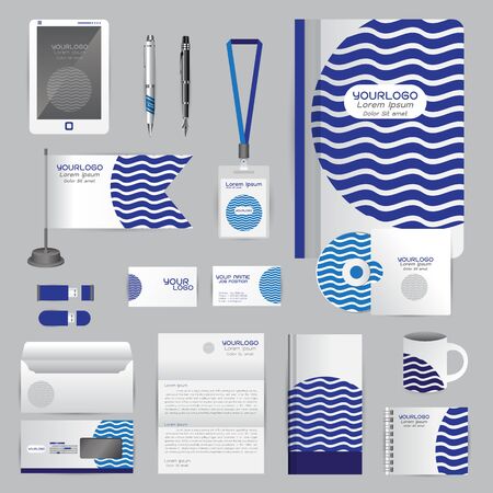 White identity template with blue origami elements. company style for brandbook guideline and Pens mugs CDs books business cards letterhead flag Card Portfolio employees Tabletのイラスト素材