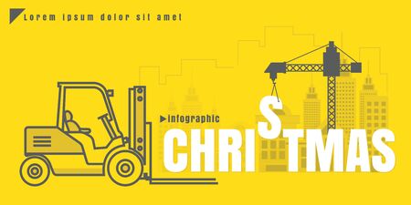 infographic Vector creative illustration of Christmas text forklift city building crane on yellow background. concept. Thin line art style design of startup serviceのイラスト素材