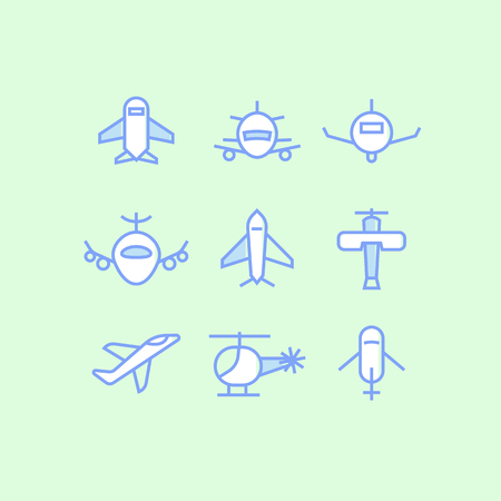 Set of plane outline icons on green backgroundのイラスト素材