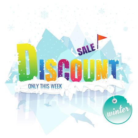 Discount (only this week) sale winter on white background vector illustration with iceberg, snow, snow flake,  penguin, dolphin and killer whaleのイラスト素材