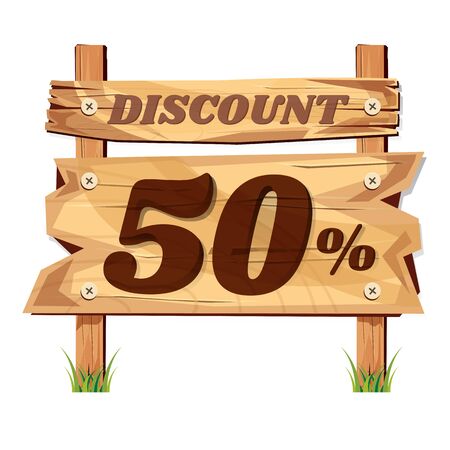 wooden sign board. sale discount 50%. Sale signboard. surface. vector. on white backgroundのイラスト素材