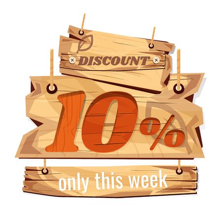 Wooden sign board. sale discount 10%. Sale signboard. surface. vector. on white backgroundのイラスト素材