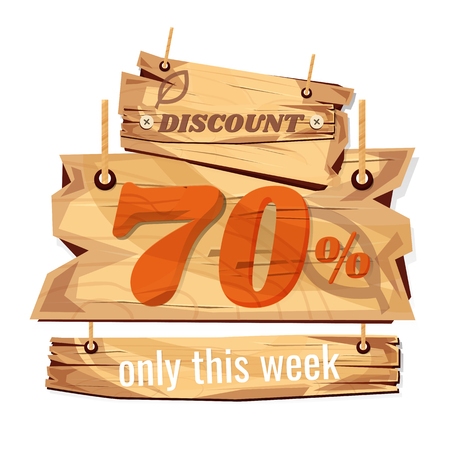 Wooden sign board. sale discount 70%. Sale signboard. surface. vector. on white backgroundのイラスト素材