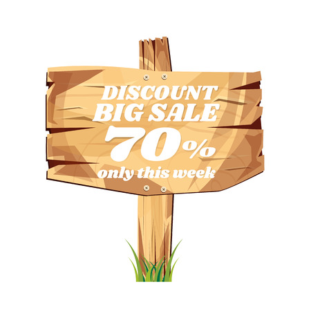 wooden sign board. sale discount 70%. Sale signboard. surface. vector. on white backgroundのイラスト素材