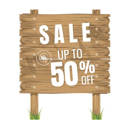 wooden sign board. sale discount 50%. Sale signboard. surface. vector. on white backgroundのイラスト素材