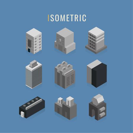 Isometric, icon city buildings, vector symbol in style isolated on blue background.のイラスト素材