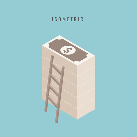 isometric. Big stacked pile of cash. Hundreds of dollars. Flat style isometric illustration. vector.のイラスト素材