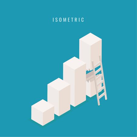 isometric. icon. bar graph. Unique red exclamation mark stands out from the many gray cubes on blue background. Leadership, success and danger concept. Vector illustrationのイラスト素材