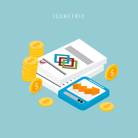 Isometric accounting composition with isolated images of accountant workspace elements money coins Vector marketing on blue backgroundのイラスト素材