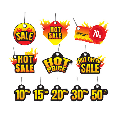 The set of hot sale. hot price. hot offer burning labels discount 10%. 15%. 20%. 30%. 50%. 70% and tags for hot sale on white background. vectorのイラスト素材
