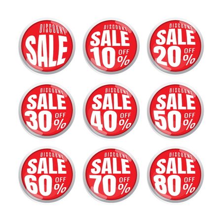 sale up to 10,20,30,40,50,60,70,80, percent on circle red label set (vector). banner. Business. marketing. on white backgroundのイラスト素材