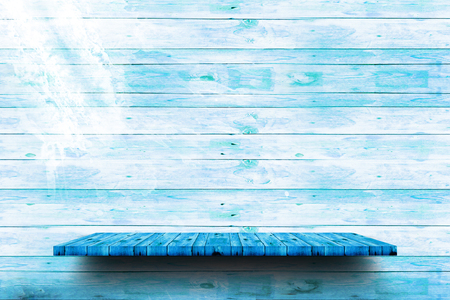 Wood shelf on brick wall. Polished cement floor. texture background. furnitureの写真素材