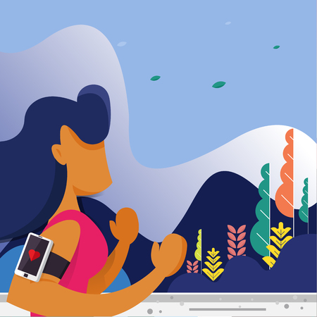 Vector illustration - sporty girl running in park. Exercise people healthy life. Banner, site, poster template. art.  backgroundのイラスト素材