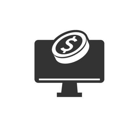 icon money coin in computer. illustration isolated sign symbol thin line for web, modern minimalistic flat design vector on white background. marketing. Business. transfer. Digital banking services onlineのイラスト素材