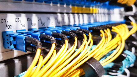 Colorful high speed optical fiber cables connected to the cloud network servers equipment switch...