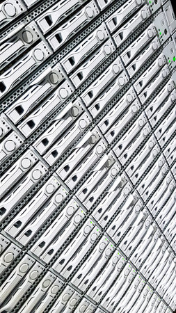 High capacity hard drive disk storage rack used for big data cloud services inside data server room...