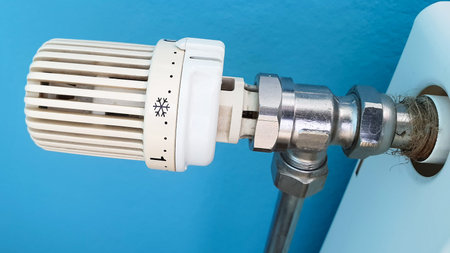 Close up of old white temperature valve on wall mounted heating water radiator