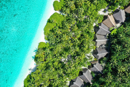 Aerial top down view with drone of an tropical exotic island paradise with turquoise crystal clear...