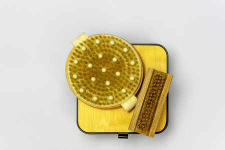 Various SPA accessories set on gray background. Body brushes and mirror.の写真素材