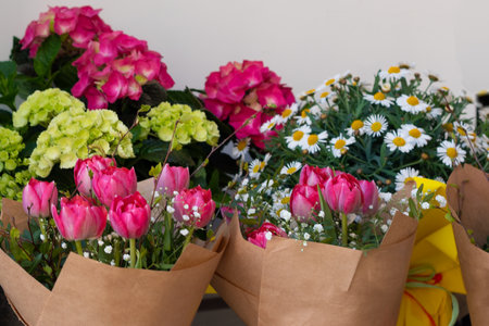 Finished bouquets on the table in the shop. Flower shop conceptの写真素材