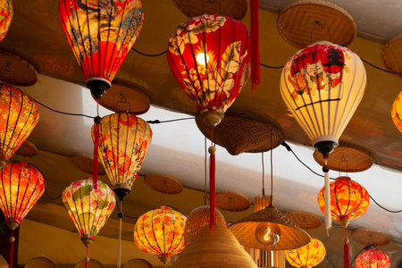 Chinese lanterns. Japanese asian new year red lamps festival. Illuminated lanterns at night. Traditional japanese lamps.の写真素材