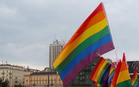 The LGBT flag at the pride in Warsaw: 17.06.2023 Colorful rainbow gay pride flagの写真素材