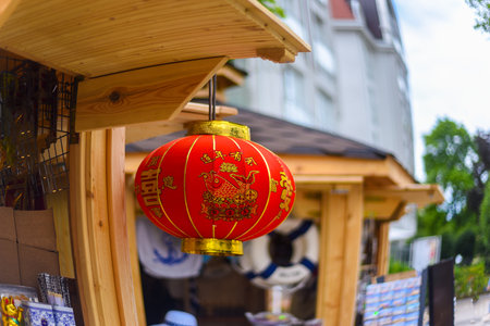 Red hanging lantern Traditional Asian decor. Decorations for the Chinese New Yearの写真素材