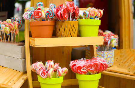 Multicolored sweets for background. Candies at market. Colorful sugar balls. Set of colorful sweet cute lollipopsの写真素材