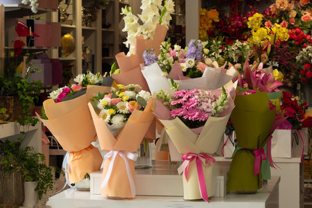 Finished bouquets on the table in the shop. Flower shop conceptの写真素材