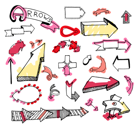 Vector hand drawn set on white background of objects:arrow, banner, word, list, brush, pen, figure, check mark.Collection of elements in doodle style. Isolated. Black outlines.Painted with highlighterのイラスト素材