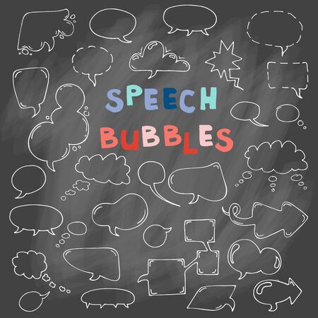 Vector hand drawn set of comic speech bubbles. Isolated. White outlines. Collection of cartoon speech and thought communication bubbles in doodle style. Blank empty speech bubbles. On chalk backgroundのイラスト素材