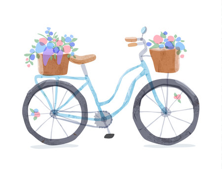 Vector illustration of blue retro bicycle. Types of bike: road bicycle, city, urban bike, old, cruiser. Vintage bicycle in watercolor style. Bike for girl with wooden basket, crate full of flowers.のイラスト素材