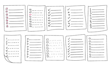 Collection of vector isolated outline hand drawn check to do list, bullet, check mark and check box in a doodle sketch cartoon style. Set of paper note with task plan.のイラスト素材