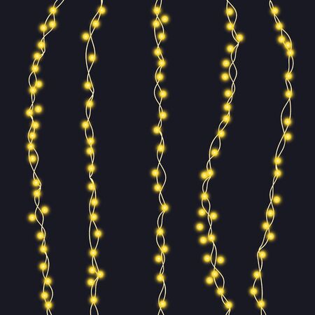 Christmas tree string garland in circle shape and lettering isolated. Realistic Christmas, New Year partyのイラスト素材