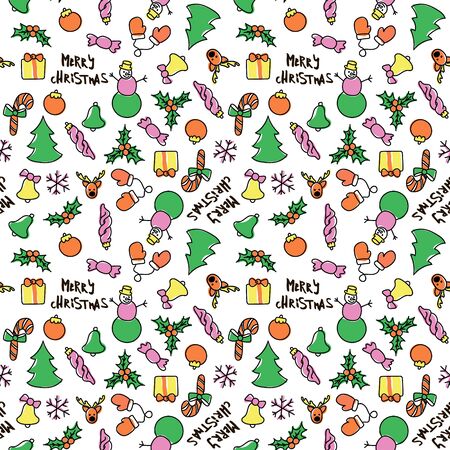 Christmas New Year seamless pattern background with candy, cane, bow. Outline vector illustration. Good for wrapping, invitation and card. Winter holiday symbolのイラスト素材