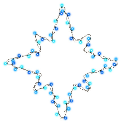 Christmas tree string color garland in star shape and text space isolated on whitebackground. Realistic Christmas, New Year party decorations with transparency. Light bulb decor. Lights borderのイラスト素材
